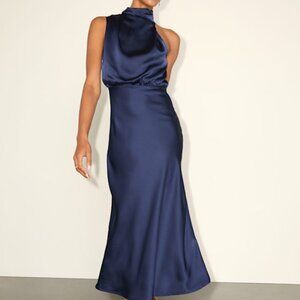Lulus Distinctive Charm Navy Satin Asymmetrical Midi Dress Blue - Size XL